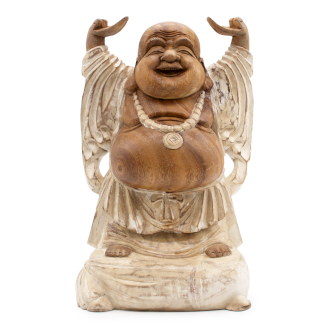 Happy Buddha Hands Up - Whitewash 40cm - Click Image to Close